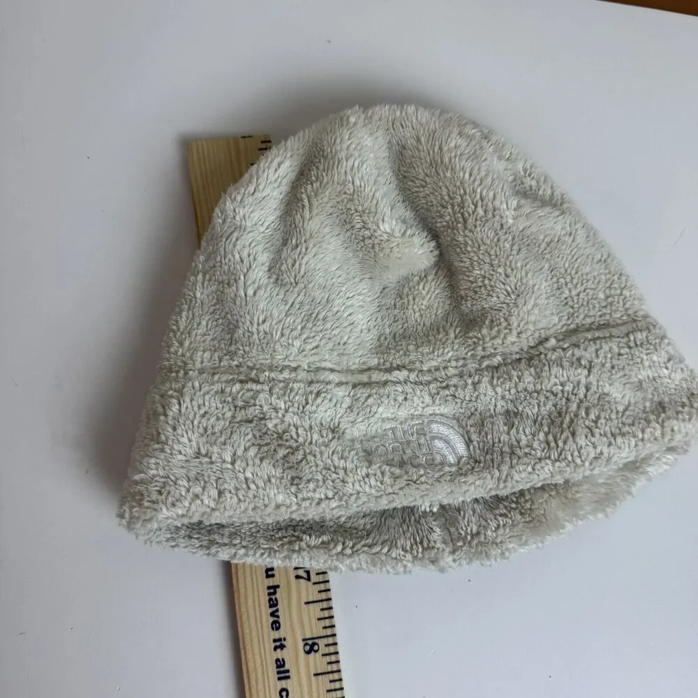 The North Face Beige Fleece One Size Beanie Hat For Child White embroidered logo